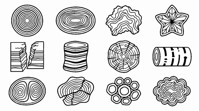 Collection of hand drawn wood cross section icons and tree ring patterns in black line art style.