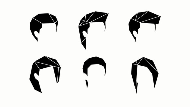 Geometric Hair Styles - Set of 6 Black Silhouettes on White Background
