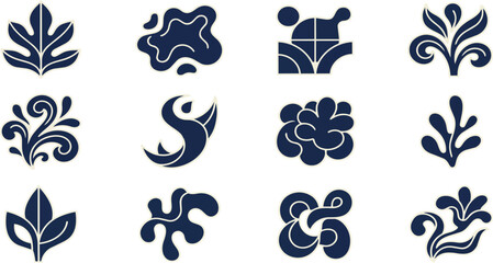 Naklejka premium Collection of various dark blue organic vector shapes and floral elements displayed on transparent background