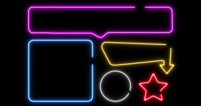Set of neon signs, arrow, rectangle, square, circle and star. Neon light frame, Motion graphics of neon line object