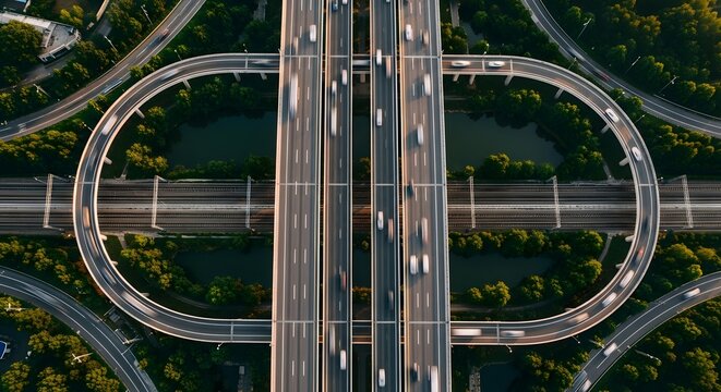 Aerial view of highway cloverleaf interchange and road junction