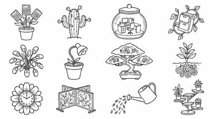 Obraz premium Hand drawn doodle icons of office plants and workspace elements in black and white line art style.
