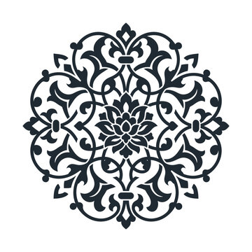 Vintage mandala floral ornament, black circular damask vector pattern, elegant filigree lace motif for luxury branding