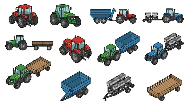 Minimalist of Colorful Agricultural Tractors and Farm Equipment Set with high quality professional line art symbols for modern creative design and digital branding projects