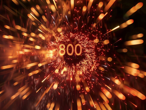 Close-up shot of golden fireworks burst, forming the number 800 in black High-tech aesthetic, dynamic, vibrant, energetic, angled perspective, abstract expressionism, light and shado - AI-Generated