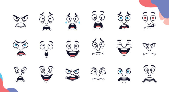 Wide variety of cartoon face expressions showing different emotions like anger surprise joy sadness and fear for character design.