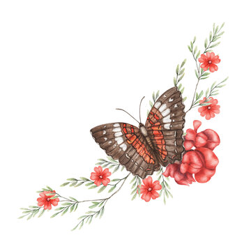 Watercolor Scarlet Peacock butterfly and red snapdragon flowers composition. Hand drawn flying insect with vibrant plant illustration. Floral design for wedding invitation card or greeting poster art.