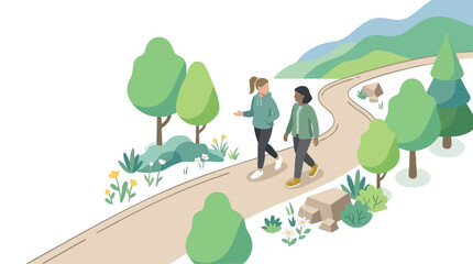 Naklejka premium Friends Wellness Walk Along Scenic Nature Trail for Healthy Lifestyle and Outdoor Friendship Illustration