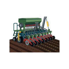 Naklejka premium Seed drill machine planting crops in soil for farming.