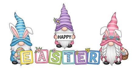 Fototapeta premium Three cute easter gnomes holding colorful alphabet blocks spelling the word easter on white background