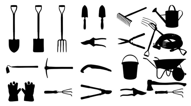 Black garden and yard tools set with bucket isolated on transparent background, Vector