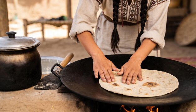 Young woman with dark braided hair in traditional embroidered clothing pressing flatbread with hands on large black pan over open fire outdoor kitchen