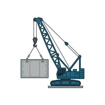 Crawler crane lifting heavy concrete panel on construction site.