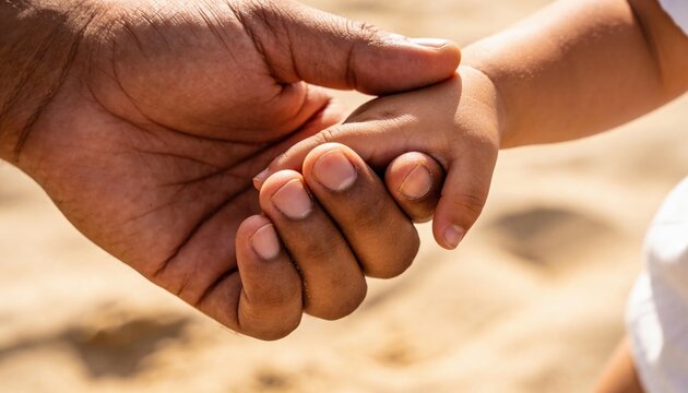 Extreme close up of large man hand with warm brown skin gently holding tiny childs hand fingers intertwined in soft natural daylight shallow depth of field