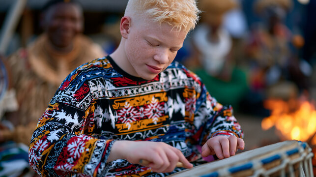 Albinism awareness moment as a teenage boy with albinism practices traditional drumming at an indigenous cultural ceremony, elders watching with approval, late afternoon firelight catching the cerem