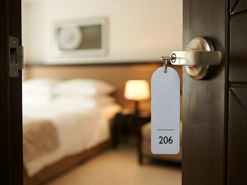 Hotel Room Door Open with Key Tag 206 | Luxury Hotel Suite Entrance Close Up | Hotel Key Blank Door Tag with Metal Handle | Travel Accommodation Room Key in Lock