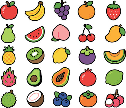 Cute Fruit Cartoon Icons Set Vector Illustration