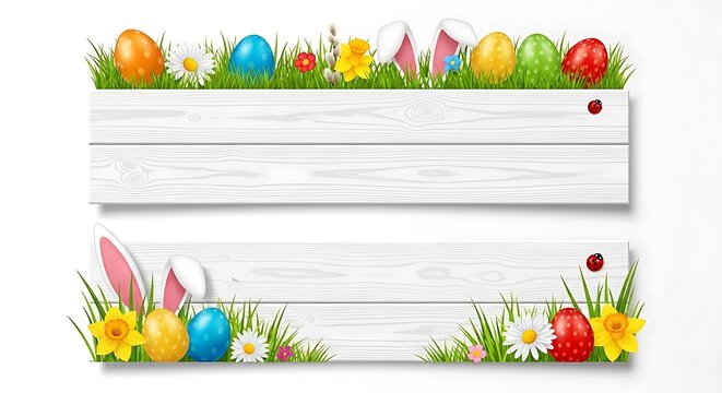 Two white wooden planks decorated with colorful easter eggs, spring flowers, and cute rabbit ears set
