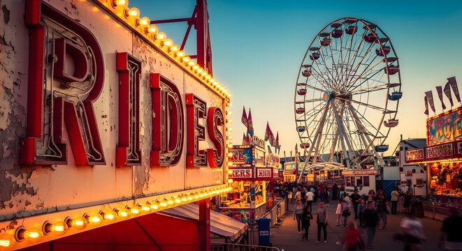 Amusement park rides and ferris wheel at dusk