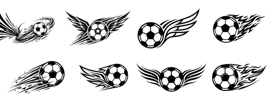 Black soccer ball logos with wings and flames