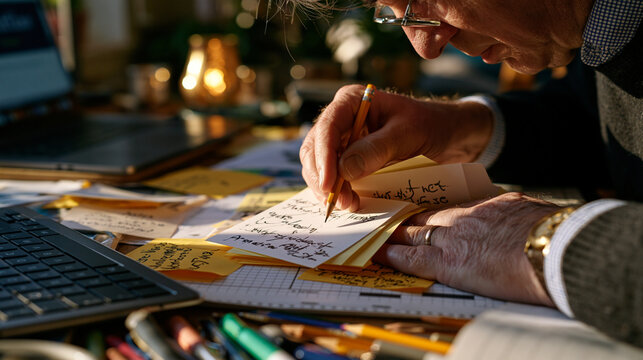 Cryptic crossword compiler arranging clue cards on a gridded desk, pencil annotations crowding margins with wordplay notation, the crossword editor checking intersecting answers against a thesaurus,