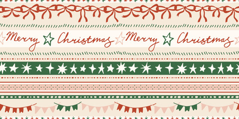 Fototapeta premium Seamless Christmas patterns with bow knots garland, stars and flags. Trendy xmas stripes design. Hand drawn vector illustration. Holiday background, wrapping paper.