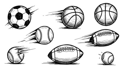 Fototapeta premium Hand-Drawn Sketch of Dynamic Sports Balls with Motion Blur: Soccer, Basketball, Baseball, and American Football, isolated white background.
