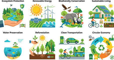 Fototapeta premium Environmental sustainability and green ecology concepts set featuring renewable energy biodiversity protection circular economy and sustainable living illustrations