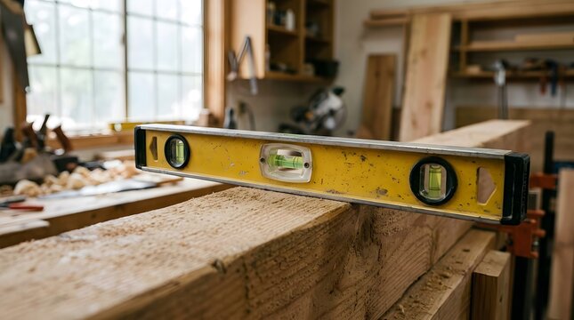 Yellow spirit level on wooden beam in workshop for construction, engineering and industrial concept