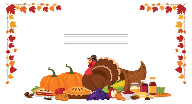 Festive Thanksgiving themed layout with a cornucopia, a turkey wearing a pilgrim hat, pumpkins, pies, and autumn leaf borders.