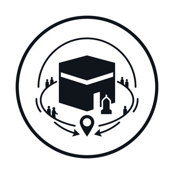 Islamic Kaaba pilgrimage icon, black and white Hajj and Umrah vector, religious travel destination symbol for Muslims