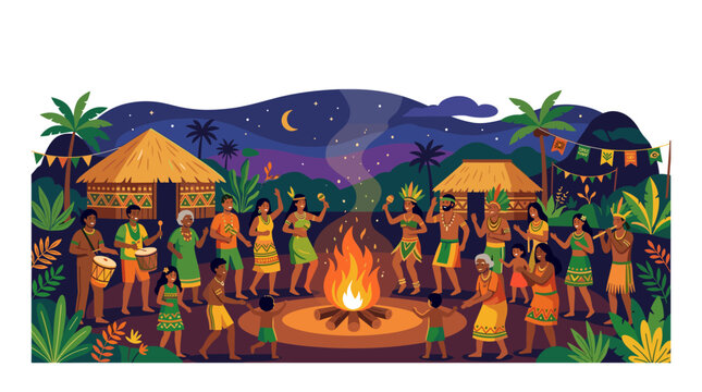 Indigenous people celebrate around a bonfire at night with music and dance