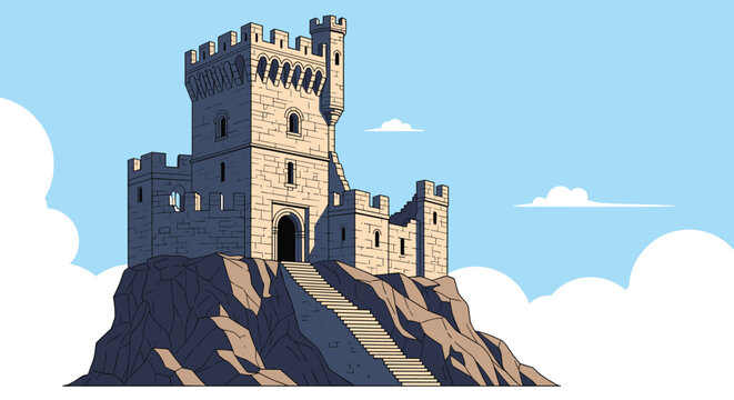 Majestic medieval stone castle perched atop a rocky cliff against a bright blue sky with white clouds in a pixel art style.