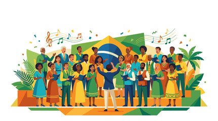 Naklejka premium Diverse Choir Sings Joyfully with Brazilian Flag Backdrop and Musical Notes independence of Brazil