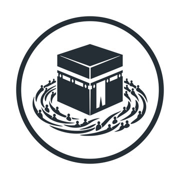 Kaaba Islamic icon vector, holy pilgrimage Hajj and Umrah symbol, black and white religious emblem for Muslim prayer
