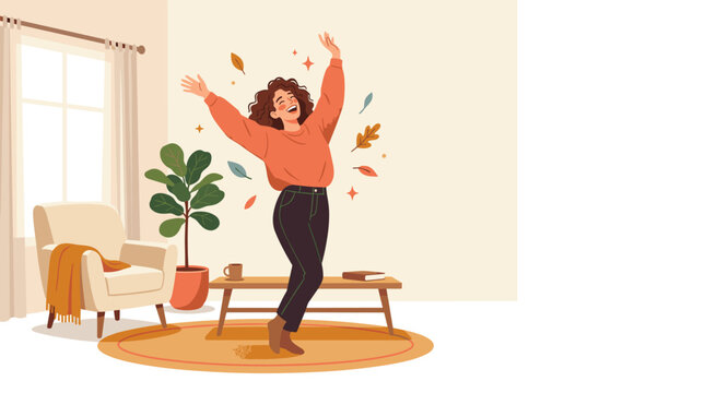 Woman dancing happily indoors with autumn leaves falling around her