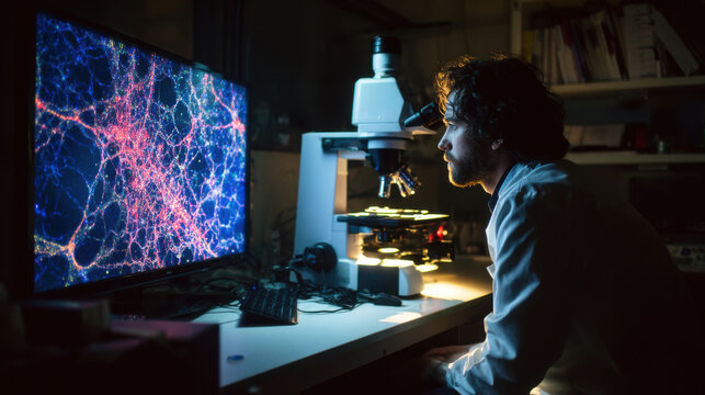 A male scientist looking at a glowing data display on a large computer screen in a dark laboratory while using a microscope for medical research and scientific analysis during the night