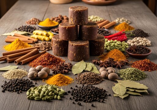 Assorted Indian Spices and Palm Sugar Blocks on Rustic Wooden Table for Culinary and Cooking Concepts