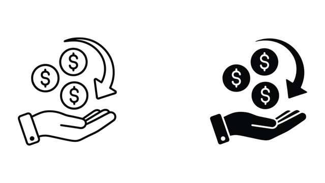 Professional Minimal Vector Icon Hand receiving money with return arrow icon set Editable Stroke, Outline and Solid Style, Black Monochrome, Isolated on White Background