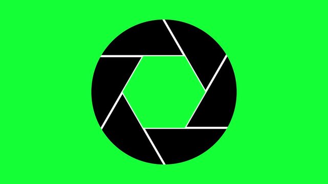 Black camera shutter aperture icon symbol on a vibrant green background representing photography and focus