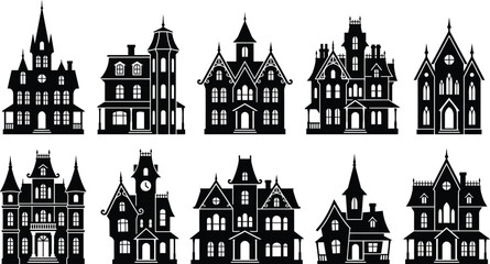 Black and white of victorian style houses with steep gables and bay windows architecture © Monir Creatives