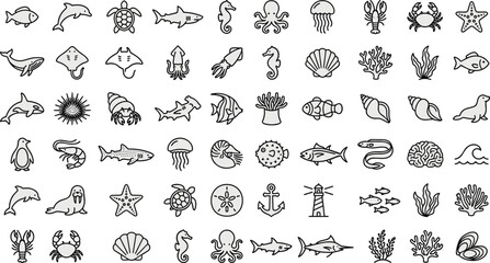 Marine Life Icons Collection Featuring Ocean Animals Sea Creatures Coral Shells and Nautical Elements Hand Drawn Outline Set © Shirin