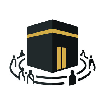 Kaaba holy building vector icon, Islamic Hajj pilgrimage illustration, Muslim people praying around Kaaba in Mecca