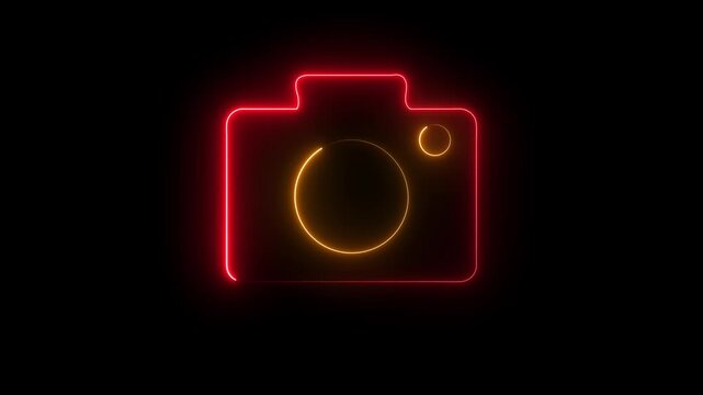 Neon glowing camera icon with red and orange light lines on a dark black background for photography concepts
