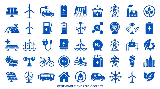 Renewable Energy Icon Set: Sustainable Technology and Green Power Concepts