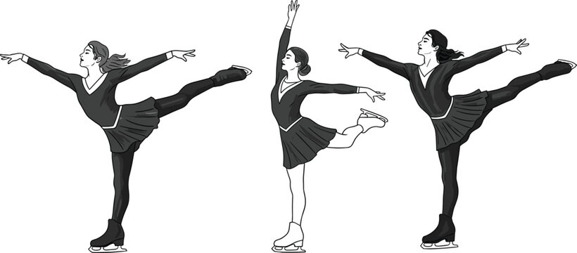 Female figure skaters performing graceful arabesque poses hand drawn vector illustration set for winter sports branding