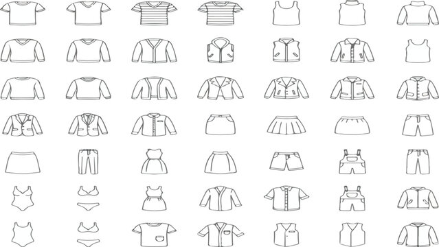 Clothes line icons set. Sweatshirt, hoody, pullover, bathsuit, jacket, evening dress, cardigan, trousers visualization vector illustration. Outline signs of fashion apparel. Editable ... See More.eps