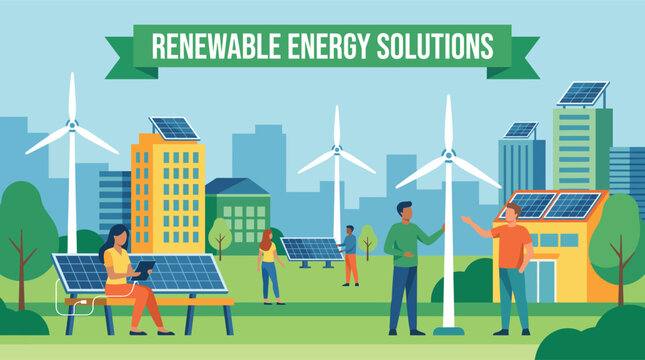 Renewable green energy solutions concept with solar panels and wind turbines vector illustration
