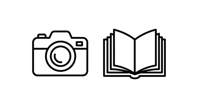 Camera and memory album collection photography icons with photography collection pictures portfolio snapshots documentation minimalist creative professional equipment lifelong