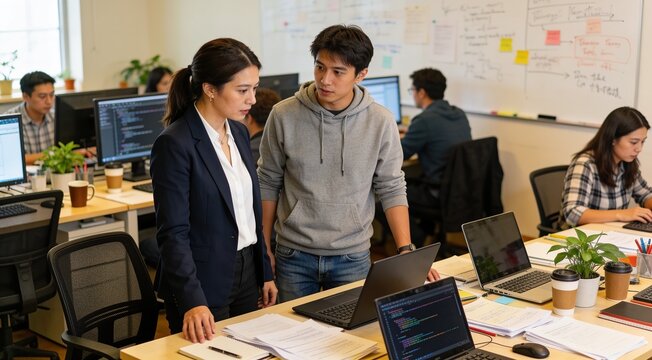 Software engineers collaborating on neural network research in creative workspace